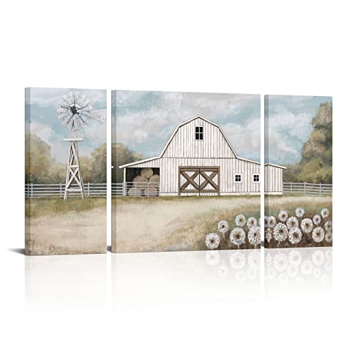 Atgowac Farmhouse Wall Decor Rustic Barn Pictures Country Farmhouse White Barn Windmill Wall Art Dandelion White Floral Art Prints Framed Canvas Wall Art Ready To Hang #TOP13