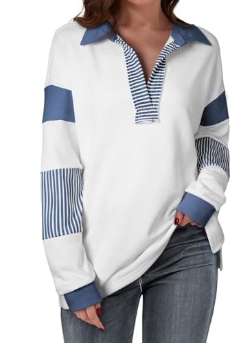 BLENCOT Womens Fashion Colorblock Sweatshirt Oversized Striped Tops Long Sleeve V Neck Side Slit Lightweight Polo Shirts Fall Pullover Dark Blue Small