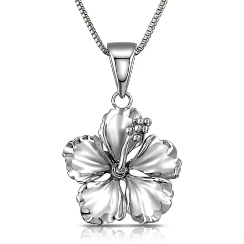 Rhodium Plated Sterling Silver 17mm Hibiscus Pendant Necklace, 16+2