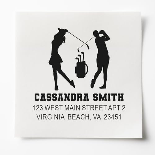 Image of Golf Swing Silhouettes Slim Pre Inked Address Stamp Custom Made - for Tags | Portable Address Stamper. Choice of 5 ink colors. Golf Address Stamp. Laser-cut lettering. One household per die.