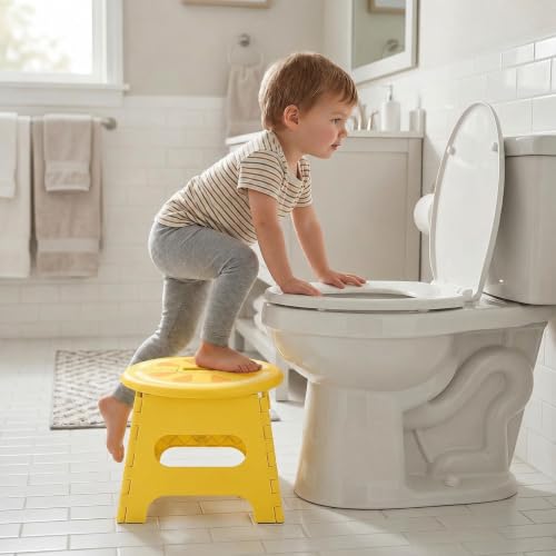 Image of Premium Folding Step Stool for Adults and Kids Non-Slip Folding Stools with Portable Handle, Compact Plastic Foldable Step Stool for Bathroom,Bedroom, Kitchen (Lemon Yellow)