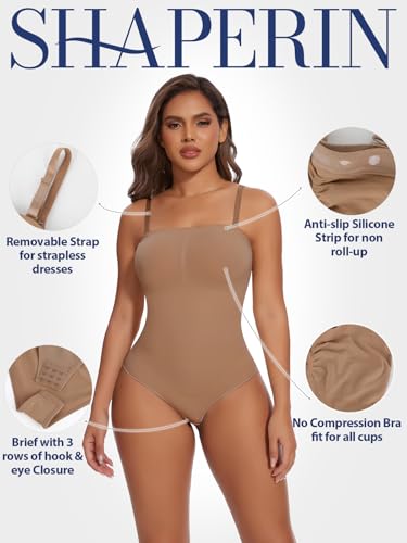 SHAPERIN Strapless Shapewear for Women Tummy Control Bodysuit Tube Tops Body Suit One Piece Body Shaper Leotard Coffee S — view 2