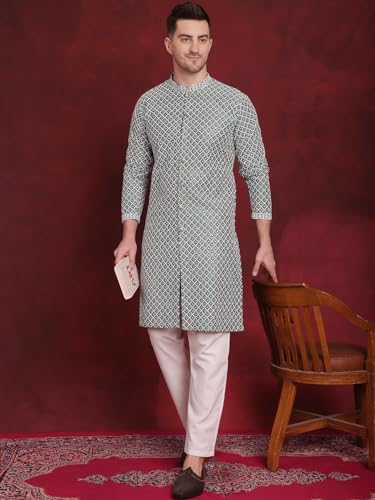 Image of Jompers Men's Silk Blend Regular Fit Sequin Chikankari Front Open Kurtas