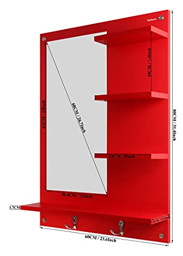 Image of Madhuran Blejaa Engineered Wood Wall Mounted Dressing Mirror with Storage Shelf | Rectangular Bathroom Wash Basin Vanity Mirror for Bedroom, Living Room & Makeup Area | 60 x 80 cm | Red