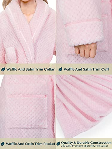 Pavilia Women Plush Fleece Robe, Light Pink Soft Textured Bathrobe, Lady Cozy Spa Long Robe, Fuzzy Satin Waffle Trim, S/M #TOP3