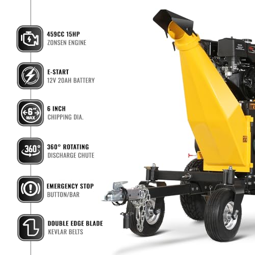 MechMaxx 6 inch ZONSEN 420cc 15hp E-Start Gas Powered 4-Wheels Wood Chipper Shredder Mulcher with Towbar/Tail Light/Emergency Stop Button/Stop Bar, Model B150 Yellow - Image 2