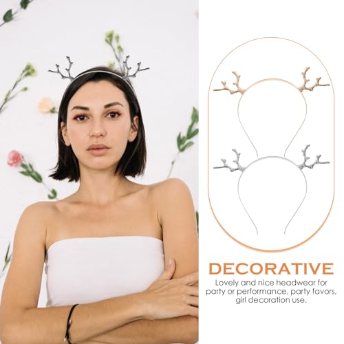 FRCOLOR Christmas Antler Headband,Metal Rhinestone Hair Hoop Antler Hairband Reindeer Antlers Headband for Women,Girls,2pcs(Silver,Gold) - Image 3