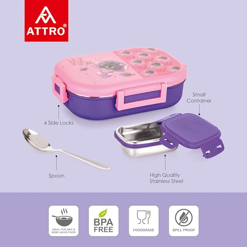 Image of Attro Food Time Deluxe Stainless Steel Lunch Box with 1 Small Container & Eyecatchy Prints Airtight & Spillproof - 750ml+250ml Bear Purple Pink