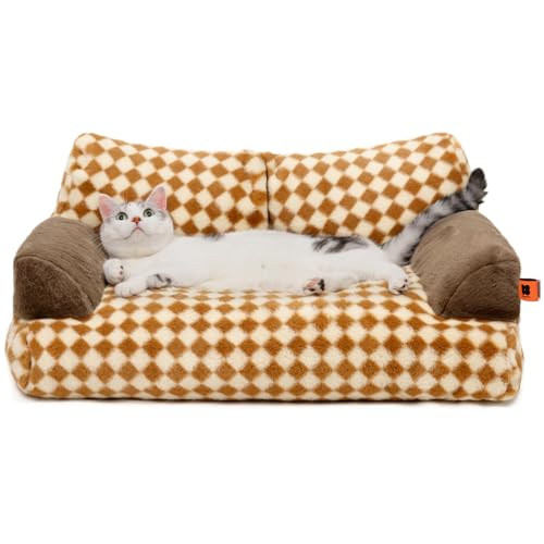 MEWOOFUN groß Katzenbett kleines Hundesofa Flauschig und waschbar Katzensofa Hundebett für Katzen, weich Katzenbett katzencouch mit Rutschfester Unterseite, Braun 66x48cm