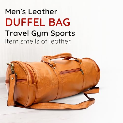 Men's Leather Duffel Travel Gym Sports Overnight Weekend Leather Bag (Light orange)2