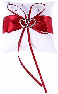 VOSAREA Wedding Ring Pillow, White Red Bridal Ring Bearer Holder Cushion Double Heart