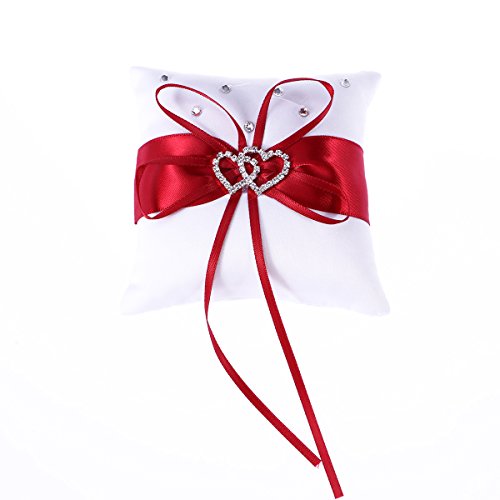 VOSAREA Wedding Ring Pillow, White Red Bridal Ring Bearer Holder Cushion Double Heart