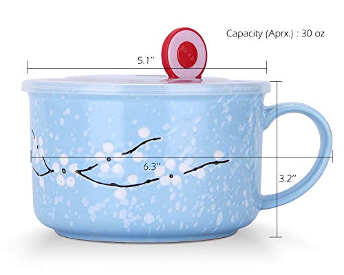 Vanenjoy 30Oz Ceramic Bowl Set With Lid & Handle,Cherry Blossoms Among Snow Flake Pattern,Microwave For Instant Noodle Sara, Cereal Bowl (Blue) #TOP1