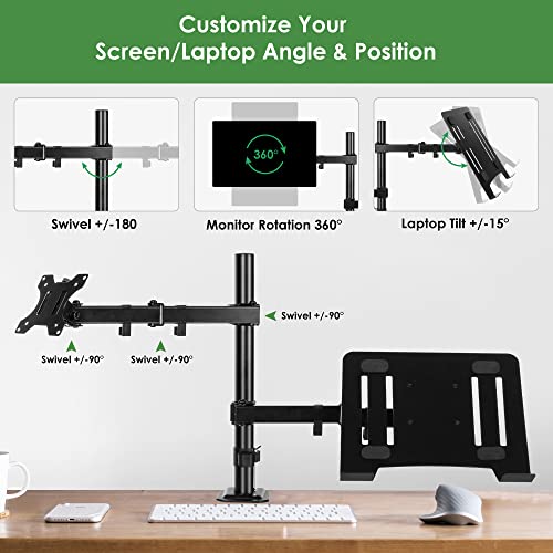 Loteyike Laptop And Monitor Stand With Tray, Adjustable Monitor And Laptop Desk Arm Mount Stand With Clamp/Grommet Mounting Base For Max 27" Computer Screen Up To 17.6Lbs, Notebook Up To 17” #TOP5