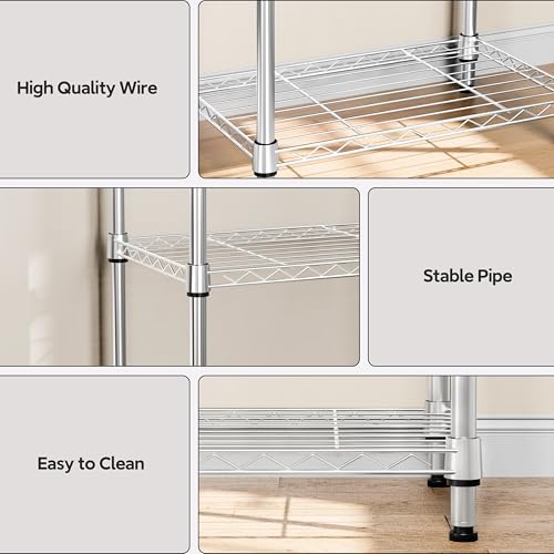 Image of M MZG 4 Tiers Shelf Metal Storage Shelves Wire Rack Closet Organizers with Wheel for Garage Kitchen Bathroom Laundry Chrome 11.8 inch D x 17.7 inch W x 41.9 inch H