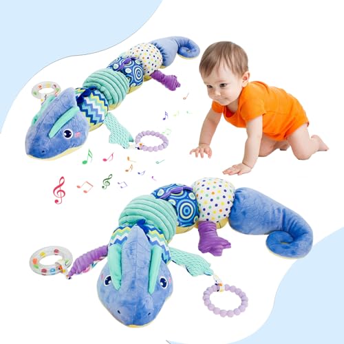 Image of Happytime Baby Toy Plush Toy Musical Stuffed Animal Infant Soft Sensory Toys with Crinkle Rattles for Newborn 0-3-6-12 Months Birthday Gift Chameleon Blue