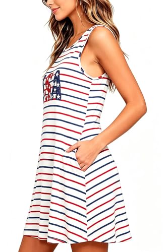 Image of Roshop Womens Juneteenth Flag Sleeveless Dress 4th of July Patriotic Swing Sundress with Pockets