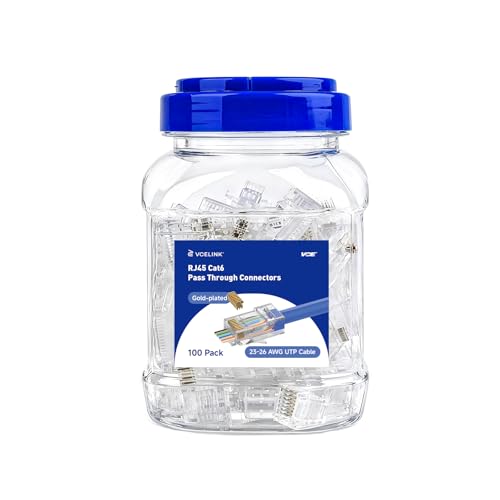 VCE 100-Pack Cat6 RJ45 Pass Through Connectors, 10Gbps Unshielded Ethernet Modular Plugs, Gold...
