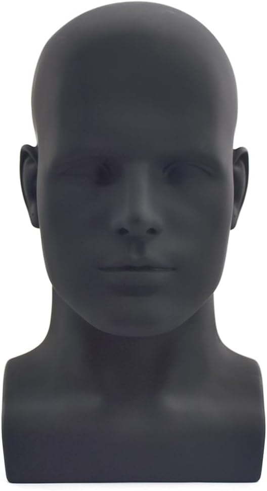 PVC Mannequin Head Black Male Manikin Dummy Stand Model Display Hat Scarf Wigs Hair Glasses Hat Beauty Styling Tool with Mount Hole (L90-Matte Black)
