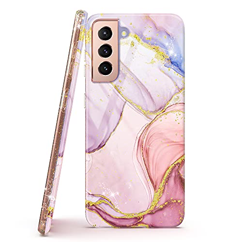 Coque pour Samsung Galaxy S21 FE, Marbre Glitter Paillette Silicone Antichoc Étui Housse Brillant Ultra Mince Léger Lustré PC Translucide TPU Anti-Rayures Anti-Choc Bumper Protection Case - Pink Cover