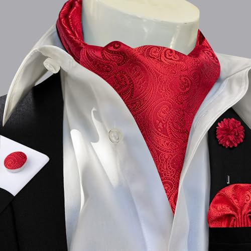 Image of DiBanGu Mens Silk Ascot Ties Paisley Jacquard Woven Cravat and Pocket Square Cufflinks with Lapel Pin for Business Wedding