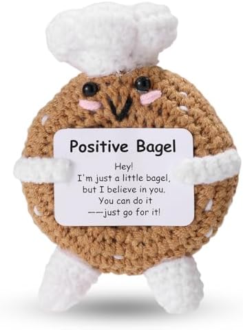 Positive Bagel, Mini Cute Emotional Soft Knitted Support Bagel Doll with Inspirational Card Funny Handmade Crochet Wool Biscuit Toy Positive Encouraging Potato Affirmation Gifts