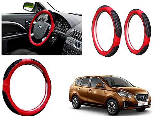 Image of Microfiber Car Steering Wheel Cover, Soft Padding Great Hand Feel, Anti-Slip, Faux Leather Steering Cover for Datsun Go Plus | Black Red Jali - Pack of 1