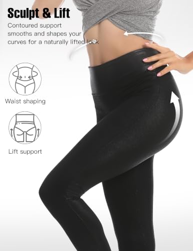 Image of Retro Gong Faux Leather Leggings for Women, Black High-Rise Pants