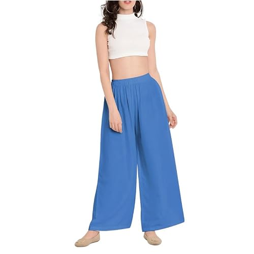 Image of Prime fashions - Women Plain Flared Palazzo – Trousers - Wide Leg Flared Pants – Elasticated Waist – Casual Wear (24-26 Royal Blue)