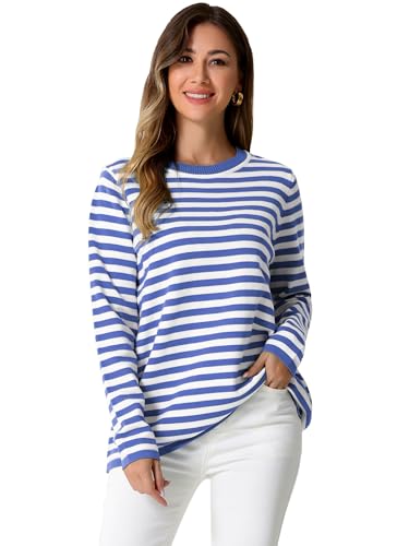 Image of Allegra K Women's Sweaters Long Sleeve Dressy Casual Striped Crewneck Pullover Tops Medium Blue