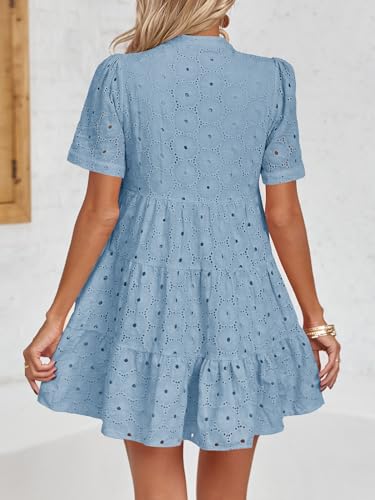 Image of Imily Bela Womens Summer Lace Dresses Eyelet Casual Flowy Babydoll Swing Short Sleeve V Neck Tunic Dress