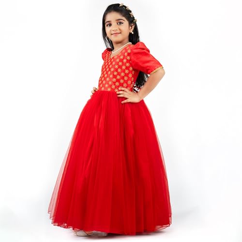Image of Stanwells Kids Dress for Girls Embroiderd Full Length Frock for Baby Girls Flower Gown Ruffle Pattern Back Zipper Beautiful Sleeveless Birthday Dress for Girls Coral (1-9 Years)