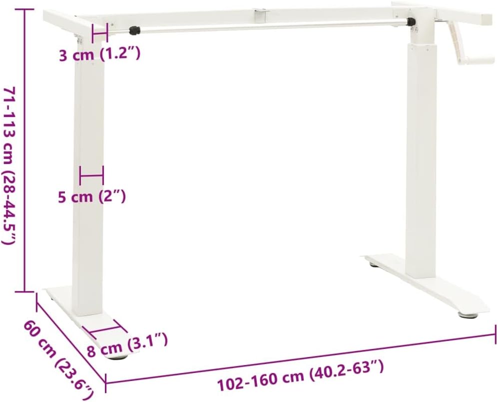 vidaXL Standing Desk Frame, Adjustable Desk Legs with Hand Crank System, Stand up Desk Base, Standing Frame for Computer Desks Home Office, White