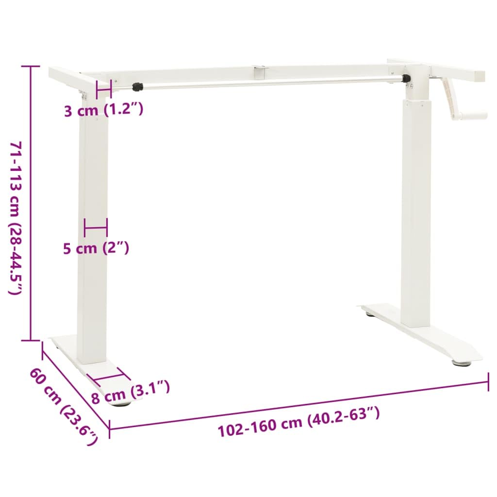 Struttura da scrivania regolabile manualmente in acciaio al carbonio bianco con manovella, larghezza 102-160 cm, altezza 71-113 cm, per postazione di lavoro, ufficio, casa, ergonomica