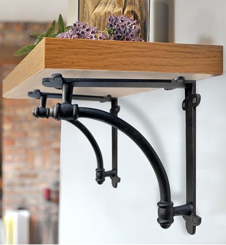 NACH Decorative Shelf Brackets, 2 Pack of 9.6 x 1.7 x 9.6 inch Black Cast Iron Shelf Brackets - Decorative Brackets for Mounting - Industrial Style Brackets - Thumbnail 3
