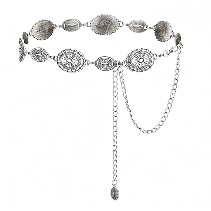 Western Metal Oval Concho Chain Belt for Women Cowgirl Boho Vintage Waist Belt for Western Dresses Jeans Pants Fashion Country Concert Outfit Gold Chain Hip Belts-image-8