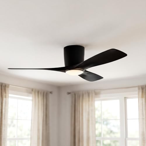 Image of Kichler Volos 48 inch Ceiling Fan With LED Light, Satin Black, 300032SBK | Wall Control, Contemporary Indoor Fan, Low Profile Ceiling Fan with Light