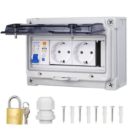 CHENGPI Caja de Distribución, Cuadro electrico premontado, Caja Eléctrica Exterior Impermeable con Tomas de Corriente e Interruptores Automáticos de Fuga, Panel Eléctrico de 8 Módulos