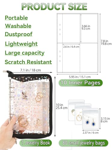 Earring Organizer Case Travel Jewelry Storage Book Clear with Small Zippered Pouch (Black, With 80 Pcs small Jewelry Pouches) 6