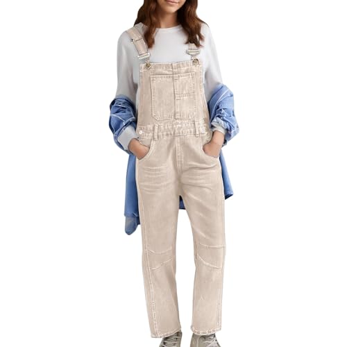 latzhosen für damen garten, Latzhose Damen Arbeitshose Jeans mit Taschen Jumpsuit Arbeitsoverall Arbeitslatzhose Lang Lässige Elegant Sommer Overalls Stretch Träger Oversize Jeanshose, XXL, Weiß