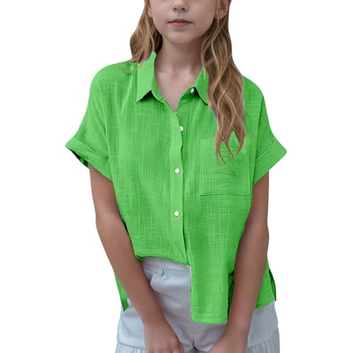 Camisas de algodón y lino de verano para niñas y niños, camisetas de manga corta, botones, elegantes, color liso, túnicas casuales, ropa para ocasiones formales, fiestas o diario, 00- Verde, 5 Años