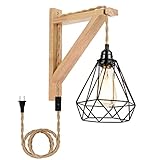 Frideko Hanging Lamps That Plug into Wall Outlet - Wall Hanging Lamp with Plug in Cord, Farmhouse Plug in Wall Sconces, Rustic Wall Mount Lamp with Wood Shelf Bracket & Switch for Hallway,Living Room