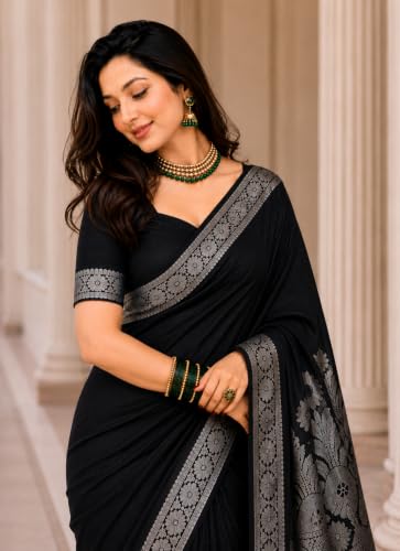 Image of Women's Glory Banarasi Satin Kanjivaram Saree Silver Zari Border Pure Soft Blend Silk Sari Kanchipuram Paithani Silk Party Wedding Festive New Ladies Sadi with Unstiched Blouse Piece.