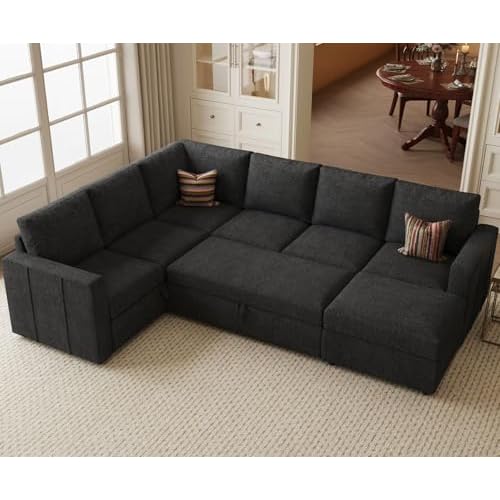 Belffin Modular Sectional Sleeper Sofa with Pull Out Couch, U Shaped Sleeper Pull Out Bed, Convertible Sectional Couches for Living Room, Dark Grey Sleeper Sofa 4 Dark Grey
