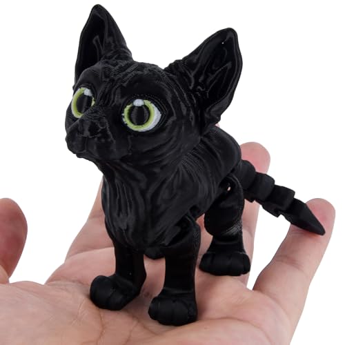 3D Printed Cat Fidget Toys, Realistic Sphynx Cat Figure with Multi Joints Movable, Cute Animal Executive Desk Toy for Kitty Lovers and Pet Collectors (Black)
