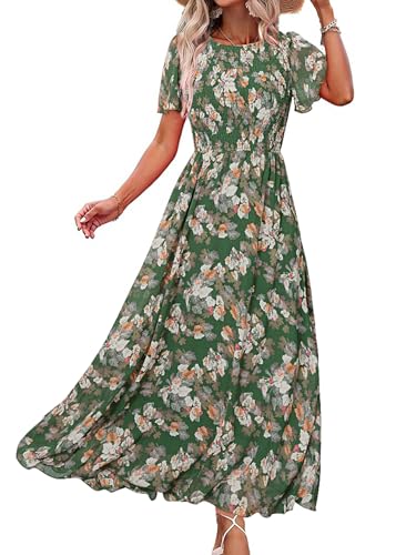Image of Simplee Womens Casual Floral Summer Maxi Dress 2026 Boho Flowy Short Sleeve Crew Neck Vacation Smocked Chiffon Dresses