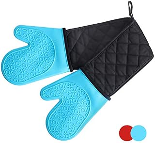 Double Oven Gloves Mitts - Heat Resistant Silicone Oven Gloves Non-Slip with Cotton Lining for Kitchen, Baking, Cooking, Microwave (Blue)