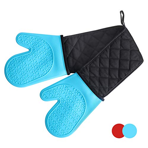 Alimat PluS - Guantes Dobles para Horno, Resistentes al Calor, de Silicona, Antideslizantes, con Forro de algodón para Cocina, Hornear, cocinar, microondas (Azul)