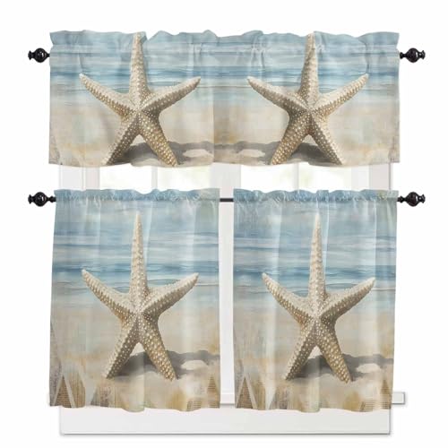Coastal Beach Starafish Kitchen Curtains 24 Inch Length, 3 Piece Rod Pocket Small Half Tiers and Valance Set, Summer Ocean Wave Blue Beige Small Large Window Treatment Decor for Bedroom/Bathroom Sink