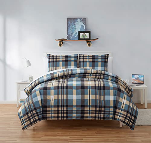 Tahari Home Kids | Kitt Plaid Collection | Blue and Tan Plaid Soft Microfiber Comforter Set, Twin, 2 Pieces, (KIT-2CS-TWIN-IN-BLUTA)